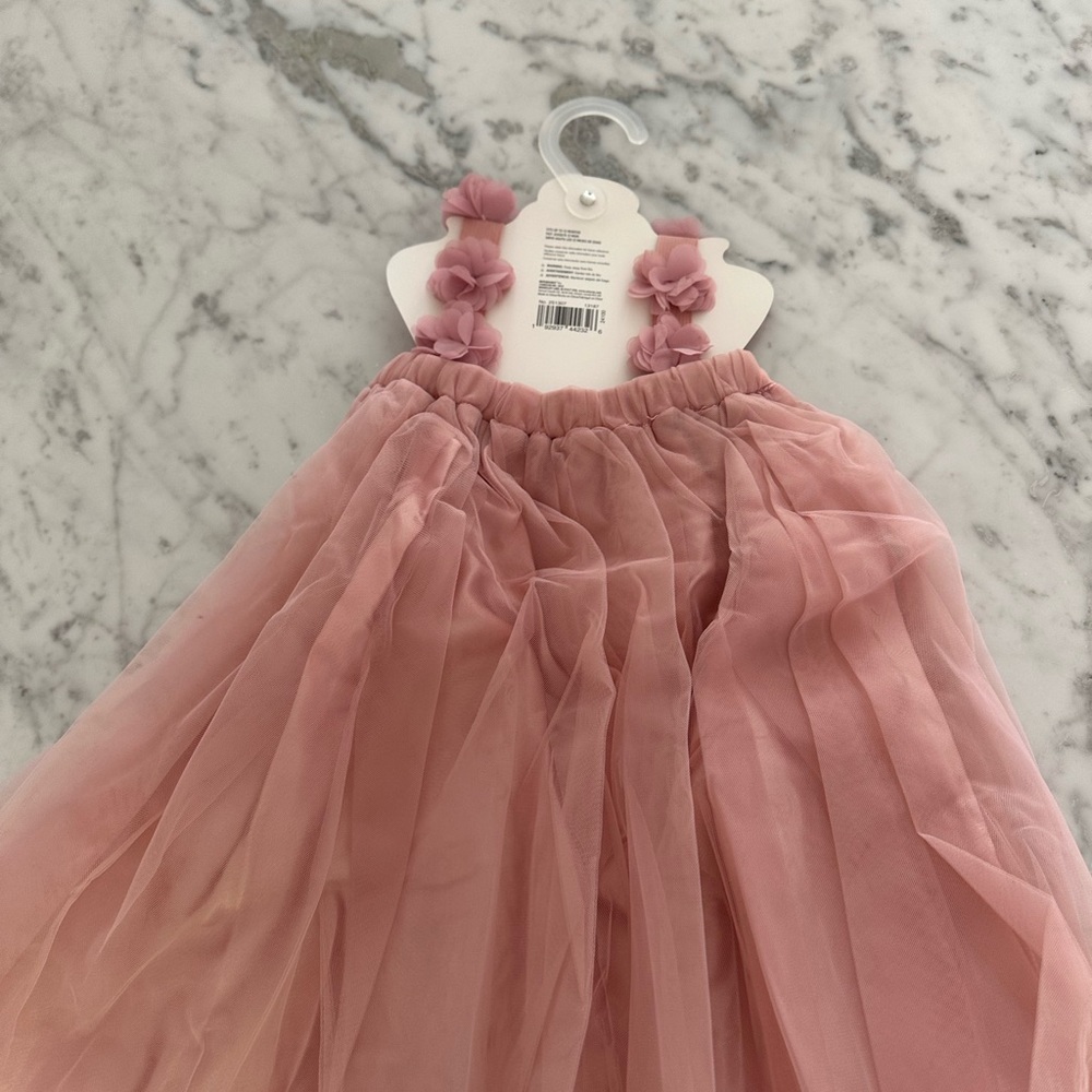 Pink Tulle Dress with Floral Straps